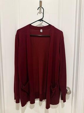 Women's Open-Front Deep Maroon Cardigan with Pockets